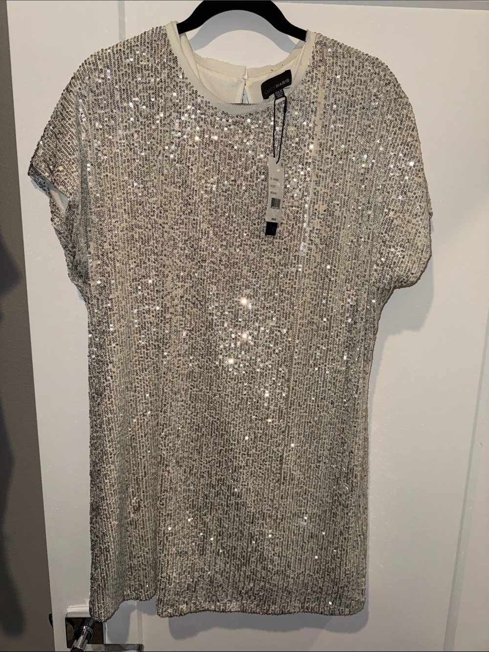 LucyParis Silver Sequin Short Sleeve Shift Dress Sz Medium